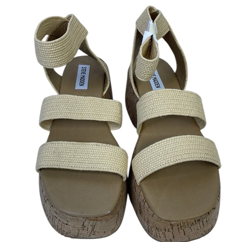 Steve Madden Womens Sashes Woven Flatform Sandals Beige 8